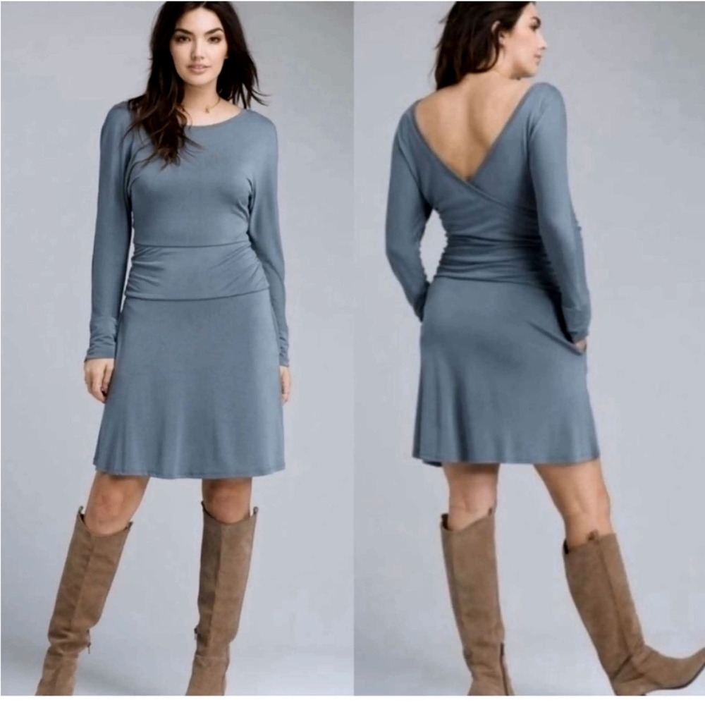 prAna S Simone Criss-Cross Wrap Open Back Flare Dress 3/4 Ruched sleeve